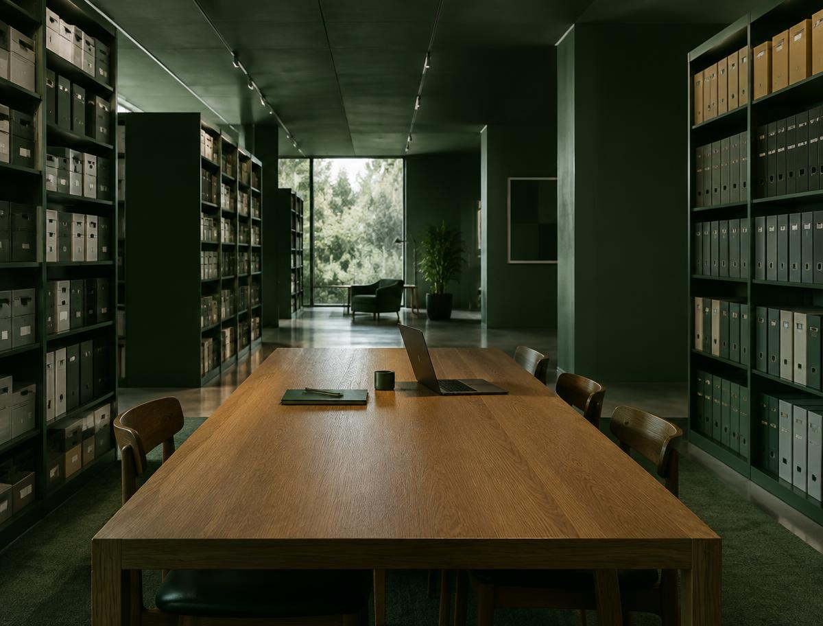 Quiet archive office with a laptop on a long oak table