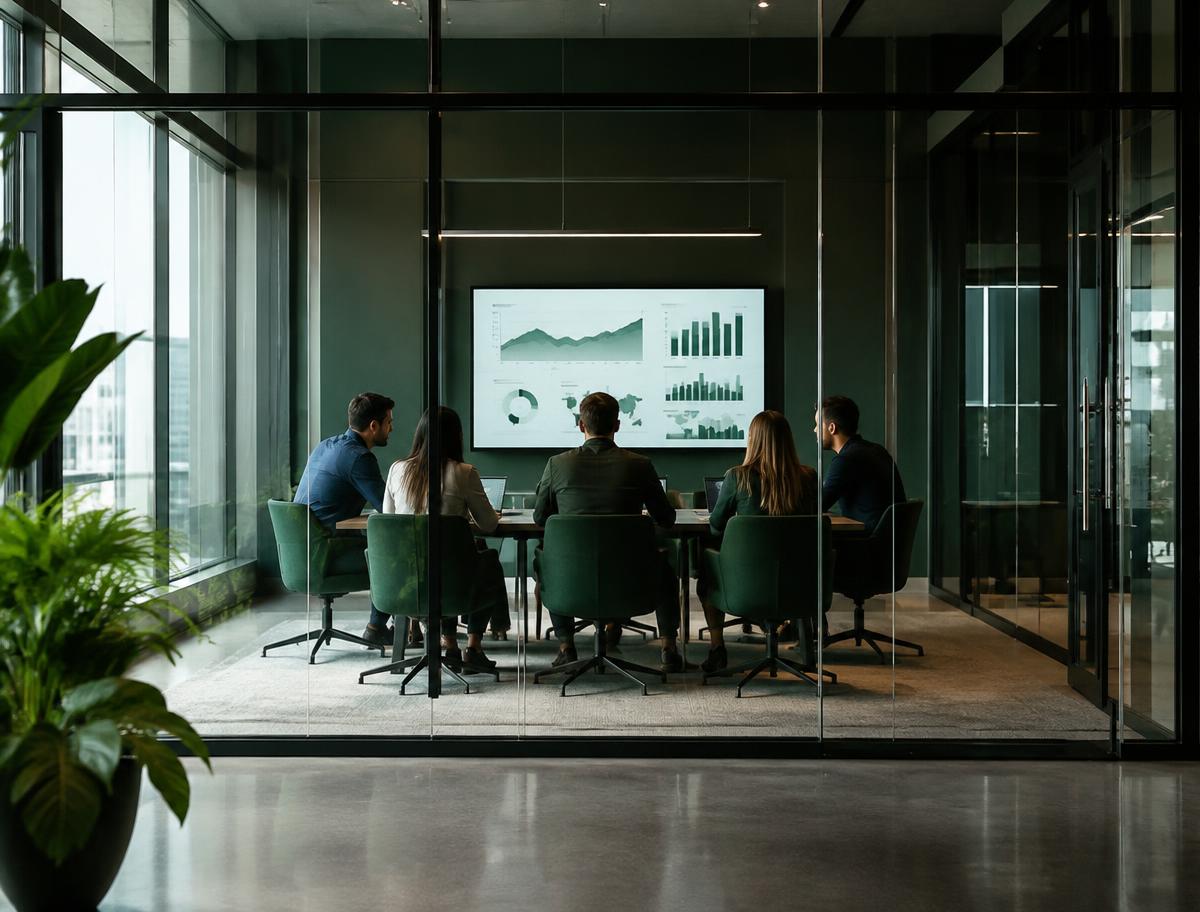 Team reviewing charts in a glass meeting room