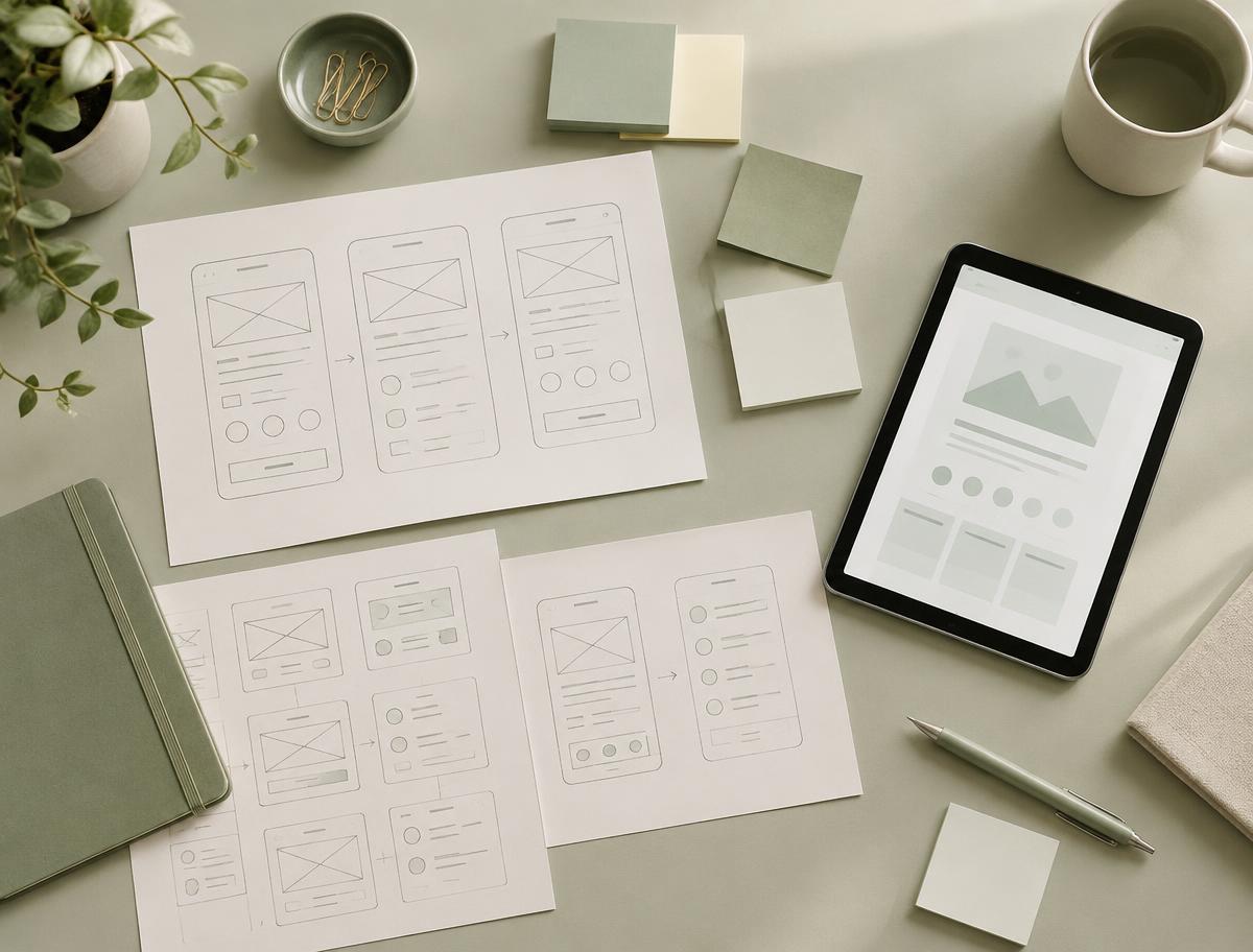 Wireframe sketches and a tablet on a sage desk